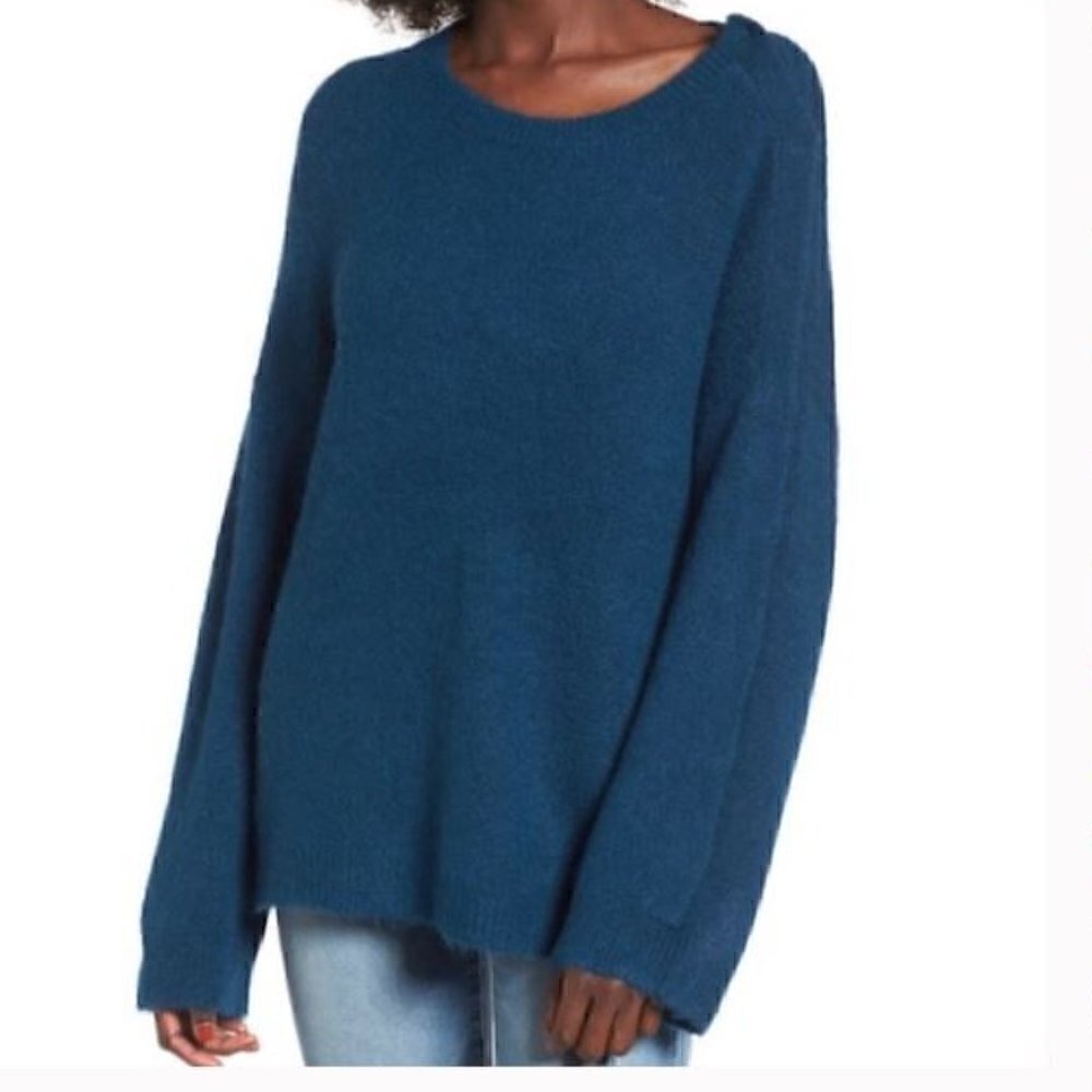 Leith Teal Blue Oversized Sweater with Snap Shoulder/Sleeve Size M